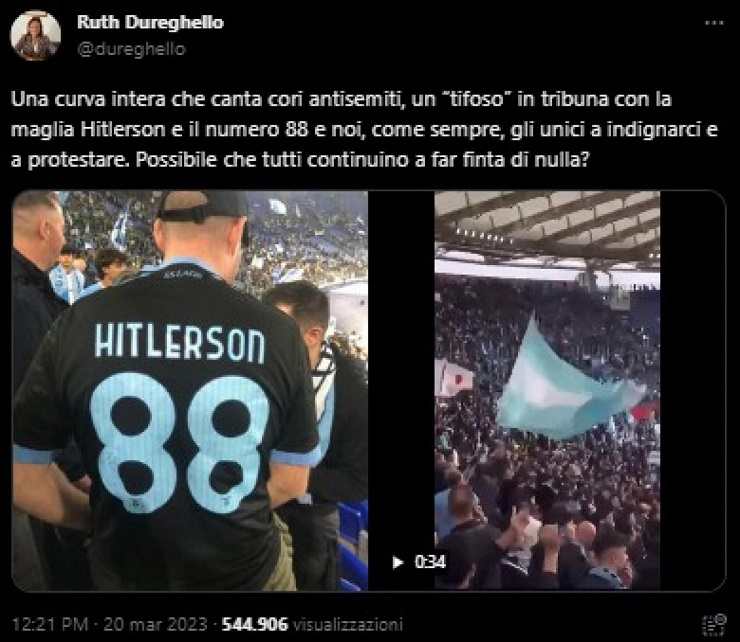 Un tifoso che indossa una maglietta con le scritte "Hitlerson" e "88"